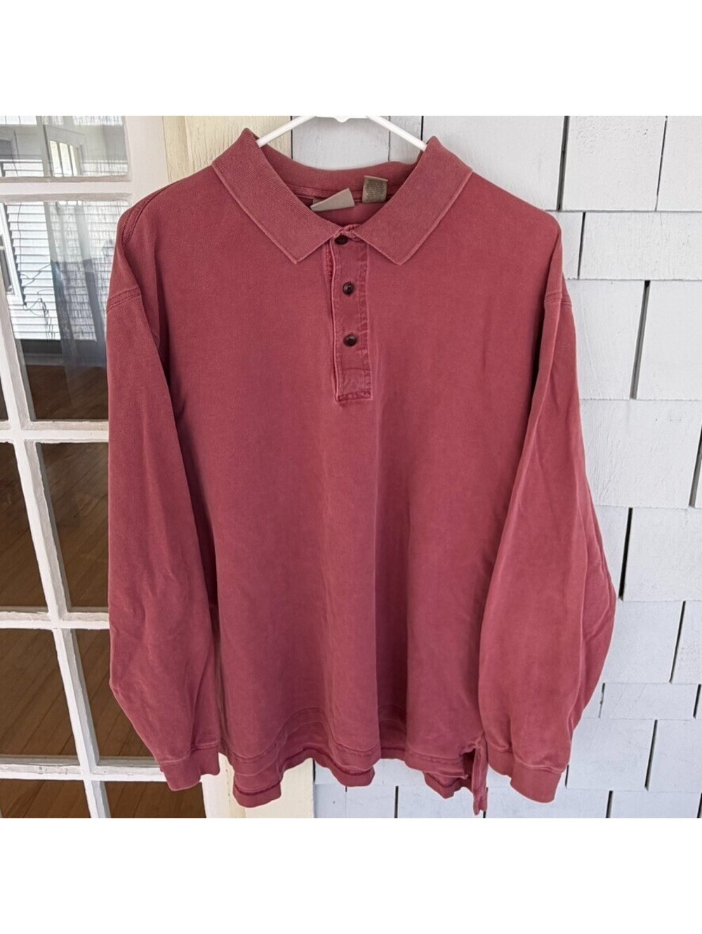 Y2K L.L. Bean Long Sleeve Polo Shirt Faded Red Pique Cotton Mens XL